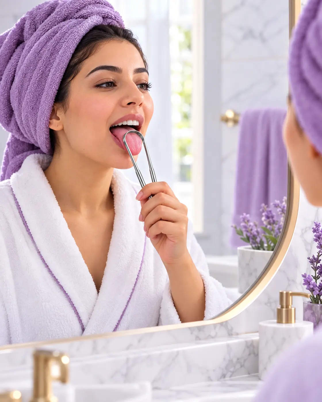 استخدام كاشط اللسان أمام المرآة